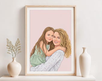 Retrato familiar personalizado a partir de una foto, regalo para el primer día de la madre, ilustrado a mano.