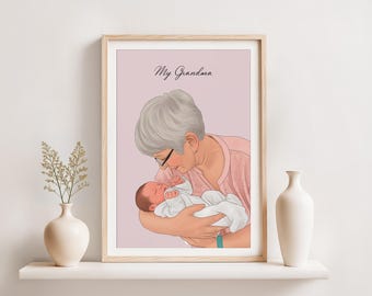 Retrato personalizado de caricatura: regalo para la nueva abuela, dibujo a partir de una foto, ilustración familiar personalizada