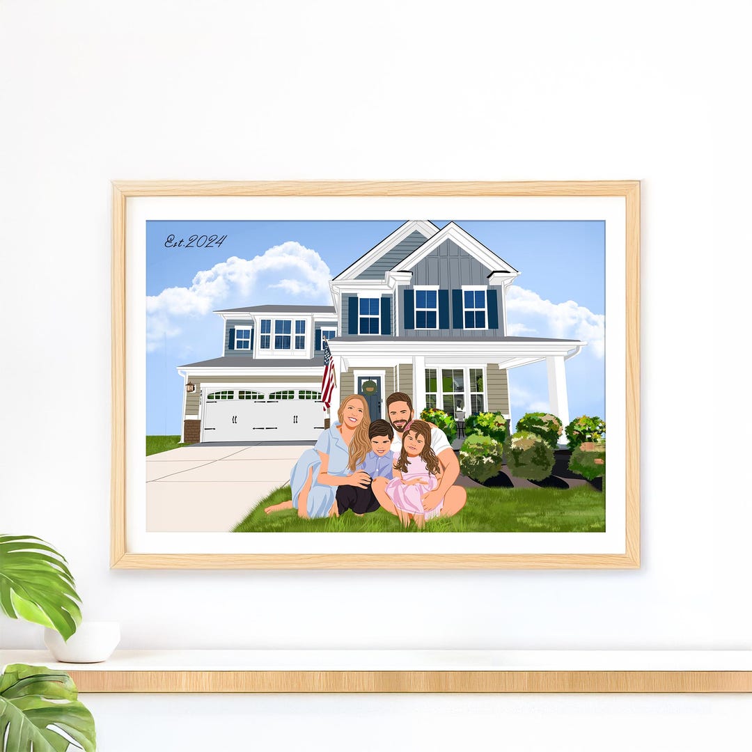 Custom Family Portrait With House, Personalized Illustration, Christmas ...