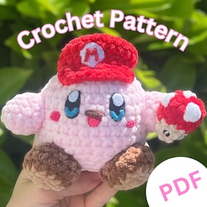 Kirby Mario Crochet Pattern – Amigurumi PDF Plushie – Pink Hero with Red Hat – Super Mushroom Bonus – Gamer Gift – Geek Decor DIY Toy