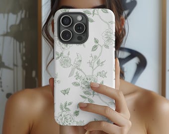 Green Toile de Jouy Floral Phone Case: Elegant French Design