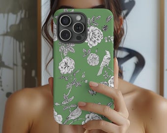 Green Toile de Jouy Floral Phone Case: Elegant iPhone & Galaxy Cover