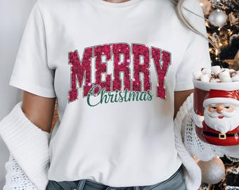 Merry Christmas Faux Sparkle T-Shirt Christmas Gift for Her Holiday Gift for Women Clothing Merry Christmas Winter Tshirt for Christmas