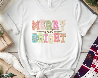 Merry and Bright T-Shirt Christmas Gift for Her Holiday Gift for Women Clothing Merry Christmas Winter Tshirt for Christmas