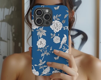 Navy Toile de Jouy Floral Phone Case: Elegant French Design