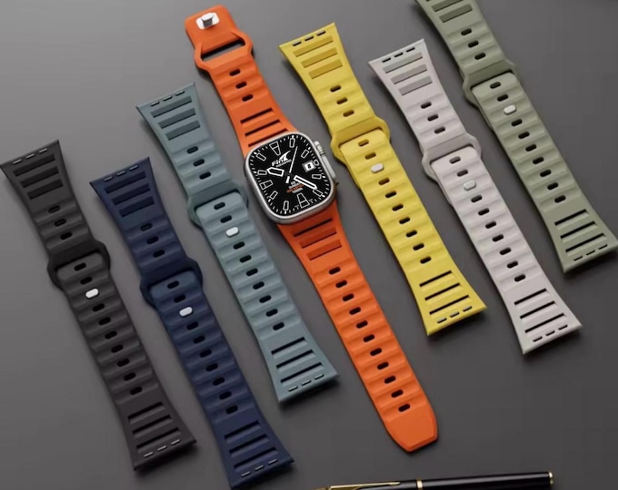 Featured listing image: Silicone Sport Band for Apple Watch Ultra, SE & Series 7–2 – Compatible with 49mm 45mm 44mm 42mm Models Free watch face