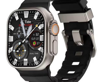 Rugged Silicone Sport Band for Apple Watch Ultra, SE & Series 7–2 –  49mm to 42mm Models Free watch face.  Titanium and Silicone Buckle band