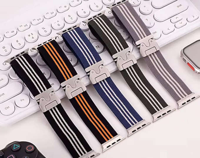 Featured listing image: IWatch Apple Watch Strap, Parachute Buckle, Striped Nylon Weaving, Apple Watch Strap for 49mm 46mm 45mm 44mm 42mm Men Women custom band