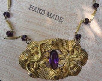 Antique Art Nouveau Snakes and Amethyst Necklace--OOAK