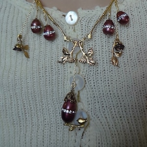 Birdie on Twig with Flower necklace-Pearls and CZ-OOAK