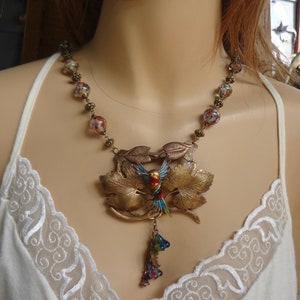 Vintage Plique a jour Enamel Hummingbird  Necklace--OOAK