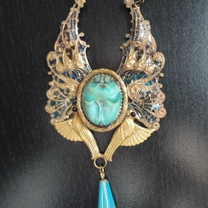 Vintage Egyptian Revival Winged Scarab-Plique a&#39; Jour- Necklace-OOAK