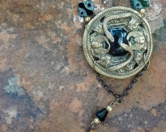 Vintage Egyptian Revival Necklace—Black Stones--Swarovski Scarabs