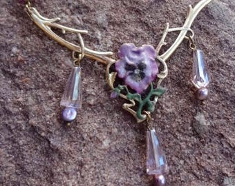 Pansy Pearls and Pink Crystals Feminine Necklace--OOAK