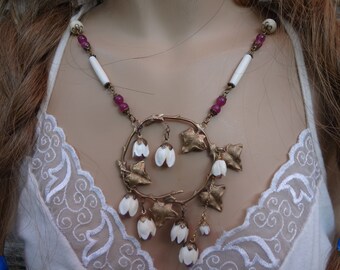 Carved Bone with Pink Sapphire Centers flower drop necklace--OOAK