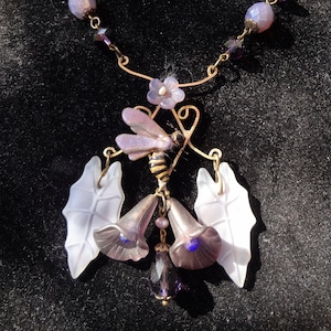 Purple Calla Lily Necklace-Carved Glass Calla Lily Flowers and Leaves