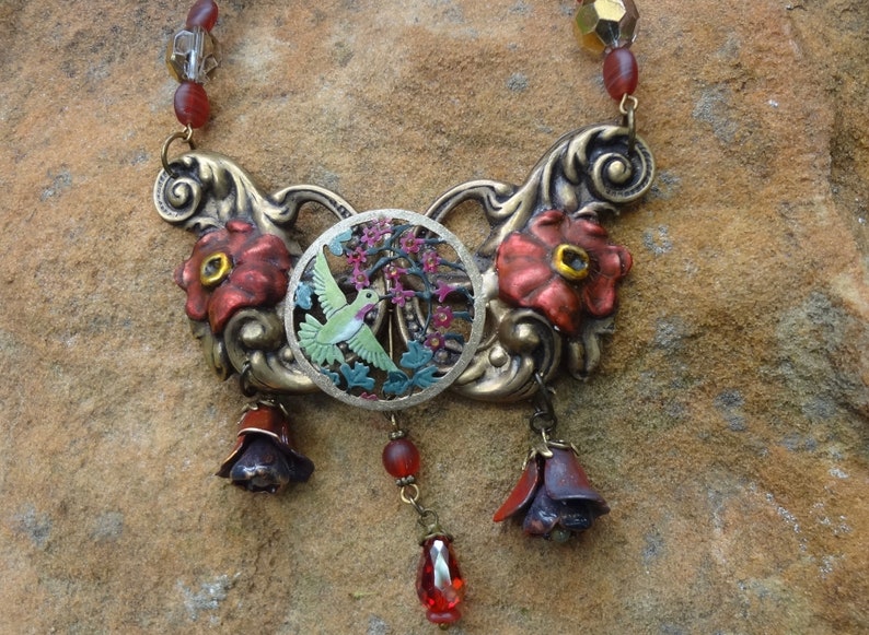 Art Nouveau Necklace\u2014Upcycled Vintage Buckle with Hummingbird--OOAK