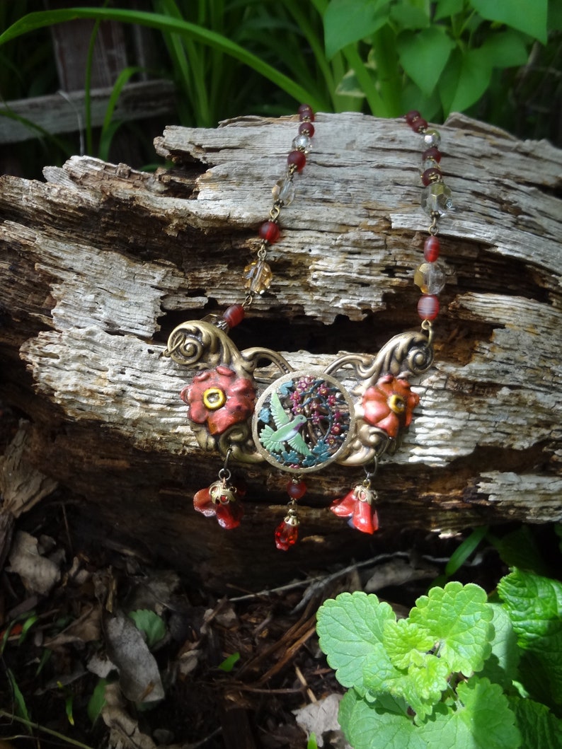 Art Nouveau Necklace\u2014Upcycled Vintage Buckle with Hummingbird--OOAK