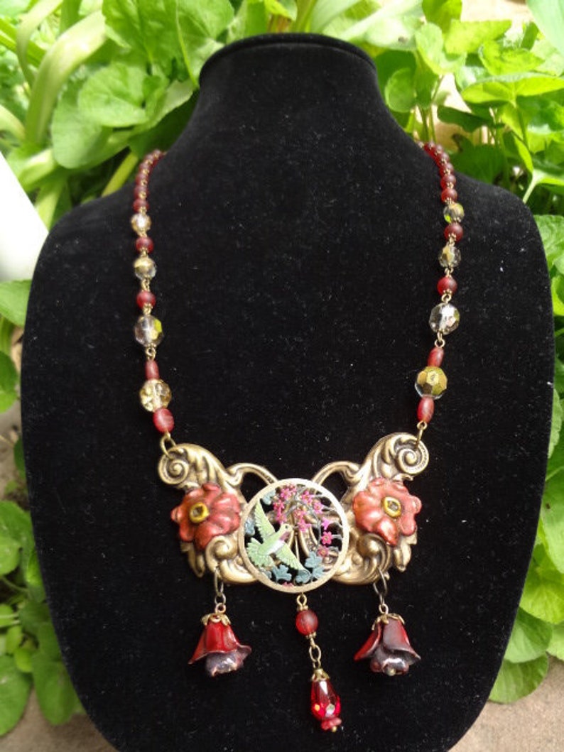 Art Nouveau Necklace\u2014Upcycled Vintage Buckle with Hummingbird--OOAK