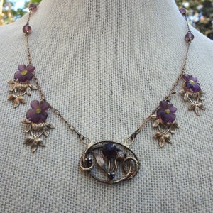 Dainty Vintage Amethyst and Violets necklace-OOAK