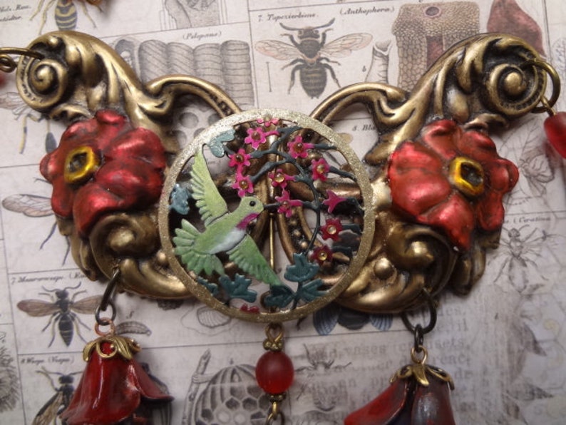 Art Nouveau Necklace\u2014Upcycled Vintage Buckle with Hummingbird--OOAK
