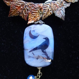 Raven In the Fall Leaves Bead Necklace-Two different Sides-OOAK