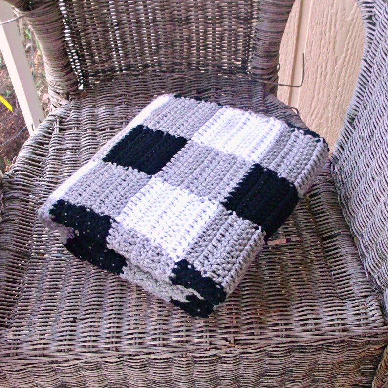 Crochet Black and White Modern Farmhouse Nursery Buffalo Plaid Baby Blanket Ready to Ship Buffalo Check Baby Bedding 30 x 38 inches