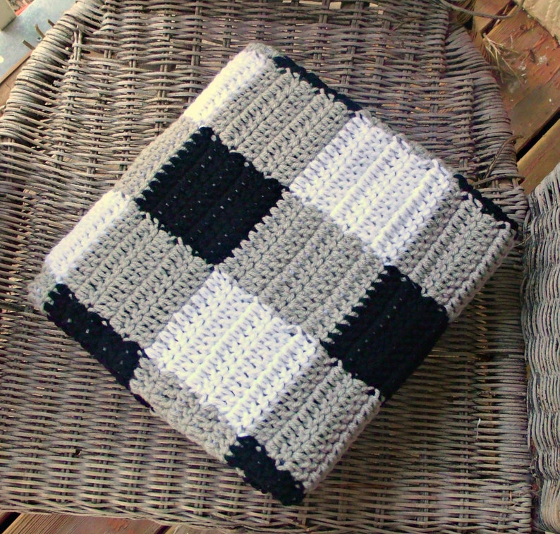 Crochet Black and White Modern Farmhouse Nursery Buffalo Plaid Baby Blanket Ready to Ship Buffalo Check Baby Bedding 30 x 38 inches