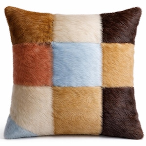 Patchwork Faux Fur Pillow Cowhide Style Cushion Luxury Rustic Western Decor Statement Throw Pillow