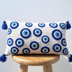 Handmade Evil Eye Pillow Cover Set: Punch Needle Linen Cotton Throw Pillows