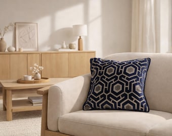 Navy Blue Velvet Jacquard Pillow 18 Inch, Geometric Woven Cushion, Luxury Decorative Throw Pillow, Modern Home Decor