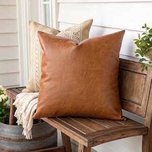 Handmade Cognac Vegan Leather Pillow Cover: Rustic Farmhouse Cushion