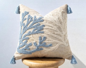 Embroidered Coral Throw Pillow Cover: Coastal Blue & White Cushion (18"x18")
