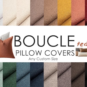 Könnte beinhalten: Eine Auswahl an Bouclé-Stoffmustern in verschiedenen Farben wie Weiß, Beige, Braun, Gelb, Rot und Burgunderrot. Der Stoff ist weich und flauschig mit einer leicht strukturierten Oberfläche. Der Text "BOUCLE #teddy PILLOW COVERS Any Custom Size" ist auf weißem Hintergrund dargestellt.