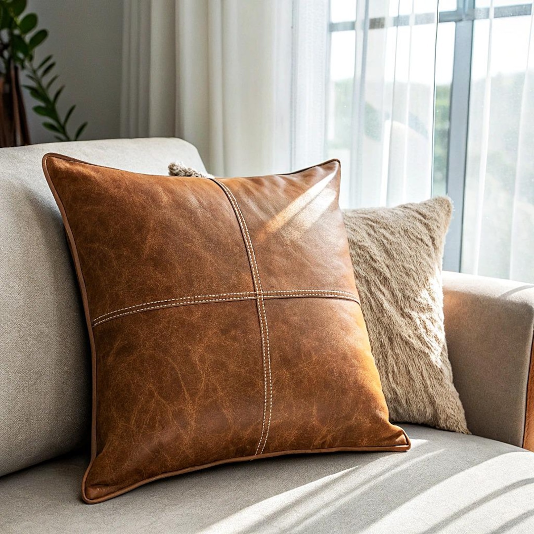 Brown Leather Throw Pillow