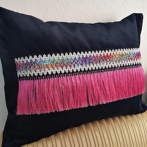 Embroidered Velvet Pillow Cover: Boho Fringed Cushion (14x20)