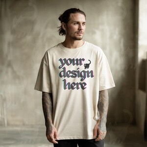 Comfort Colors 1717 Ivory Shirt Mockup | Tattooed Male Model, Oversized Fit | Front View POD Mockup for Etsy & Canva