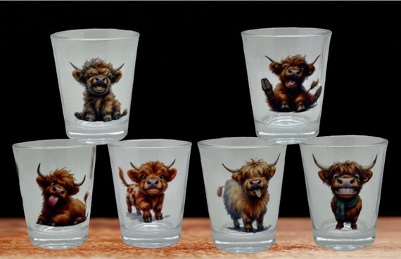 Set of 6 Highland Cow Shot Glasses | Unique Cow Lover Gifts | Cute Farmhouse Barware | Perfect for Whiskey, Tequila, or Shots!