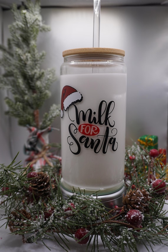 Christmas Eve Milk for Santa Cup – Reusable Holiday Glass Jar Cup – Santa Hat Cup