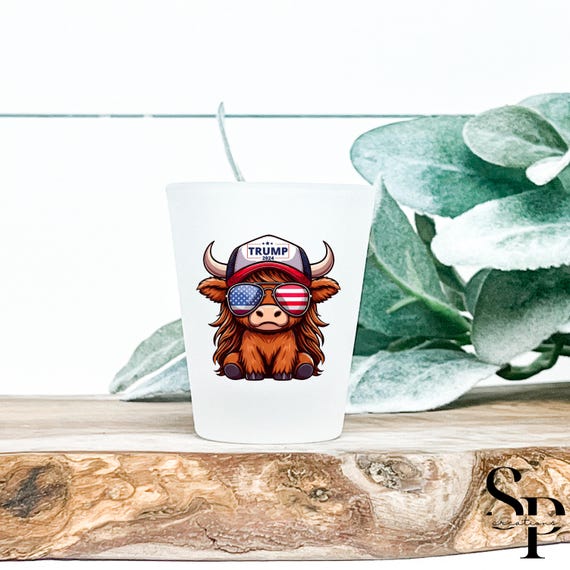 Trump Highland Cow Shot Glass Set | Patriotic Glassware  2, 4, or 6 Pack Optional Personalization