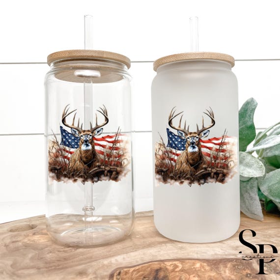 Buck with American Flag Tumbler | Patriotic Deer Cup | Snow Globe, Glass, or Acrylic Tumbler | Country Hunting Gift | 4th of July Tumbler