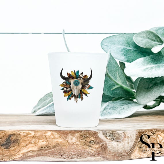 Boho Western Bull Skull Shot Glass – Cow Skull with Turquoise and Feathers Design – Southwestern Barware Gift – Rustic Country Shot Glass