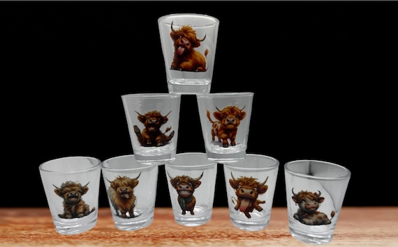 Set of 8 Highland Cow Shot Glasses | Unique Cow Lover Gifts | Cute Farmhouse Barware | Perfect for Whiskey, Tequila, or Shots!