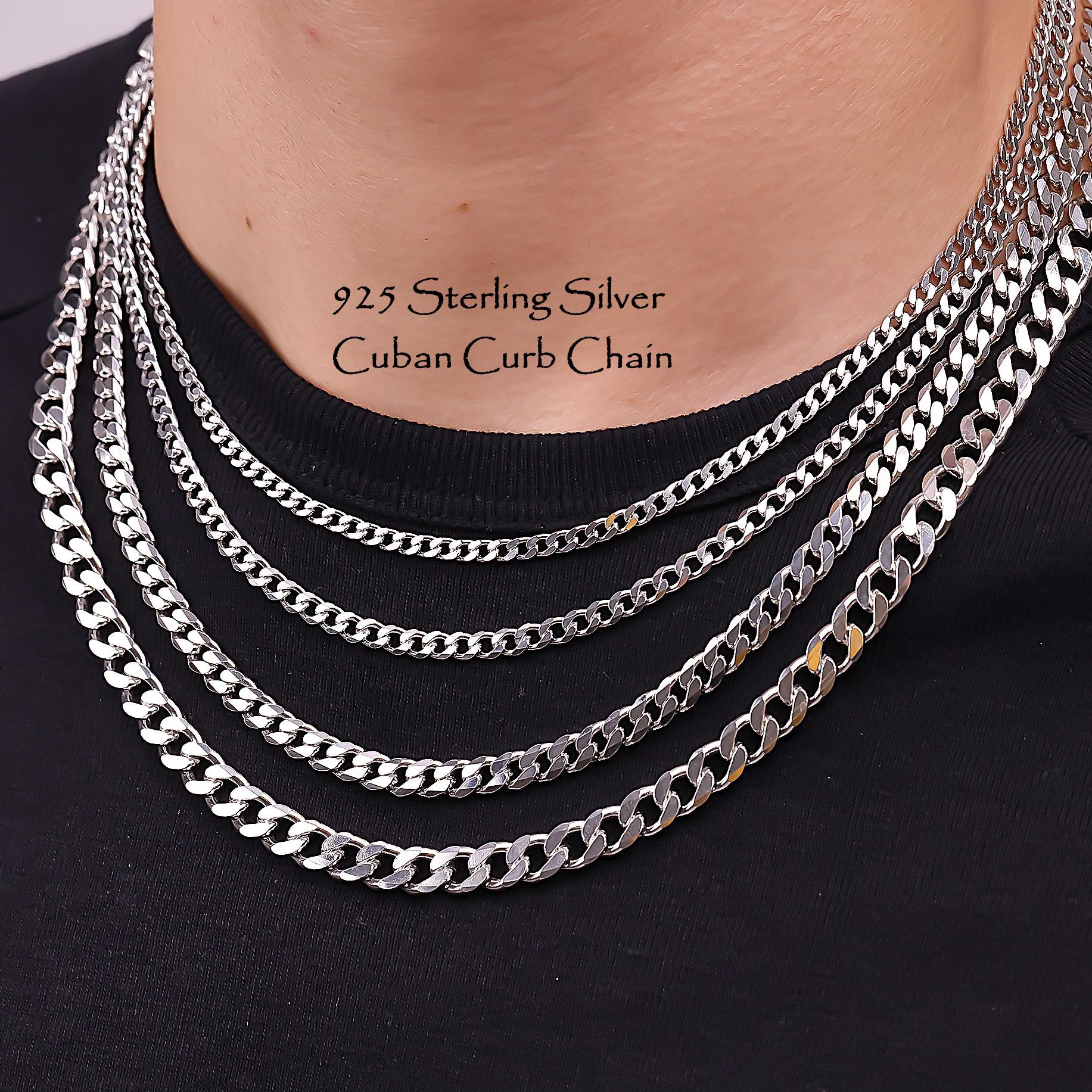 925 Sterling Silver Cuban Chain Necklace Men, Curb Link Solid