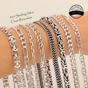 May include: A collection of 925 sterling silver chain bracelets featuring various link styles including Byzantine, Figaro, and cable chains. The text 925 Sterling Silver Chain Bracelets is visible along with a circular 925 Sterling Silver logo.