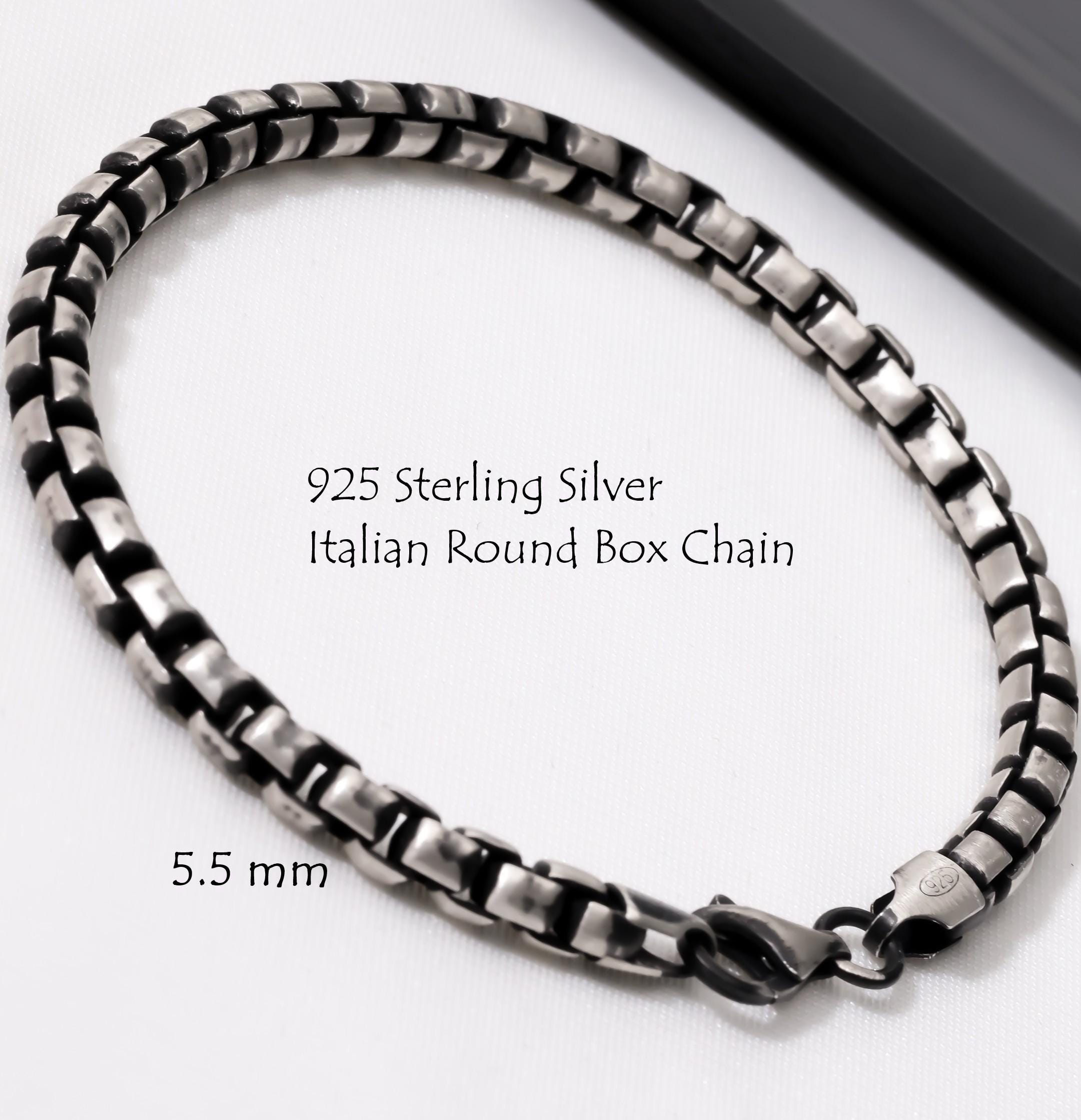 925 Sterling Silver Box Chain Bracelet Men, Italian Box Round 