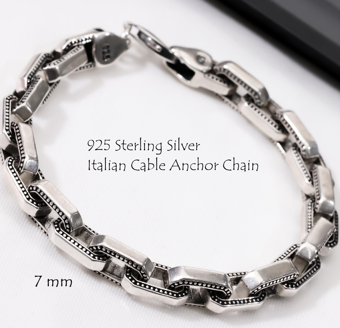 925 Sterling Silver Anchor Chain Bracelet Men, Italian Cable