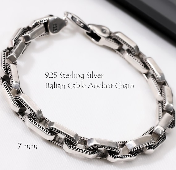 925 Sterling Silver Anchor Chain Bracelet Men, Italian Cable