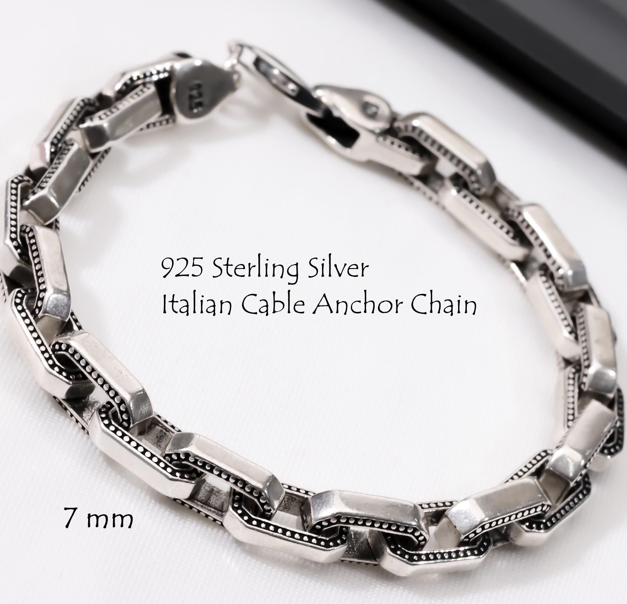 925 Sterling Silver Anchor Chain Bracelet Men, Italian Cable