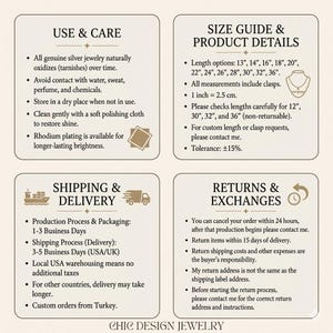 May include: An informational graphic with four sections titled Use & Care, Size Guide & Product Details, Shipping & Delivery, and Returns & Exchanges. The text provides instructions for silver jewelry maintenance, length options from 13 to 36 inches.